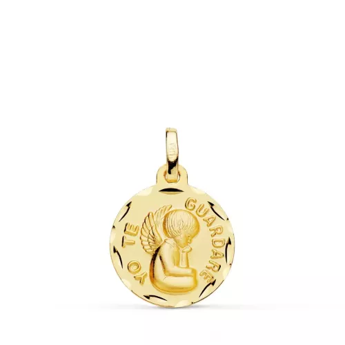 9K MEDALLA ORO AMARILLO TALLADA ANGEL " YO TE GUARDARE " 16 MM 1