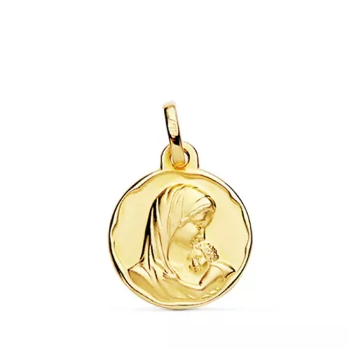 9K MEDALLA ORO AMARILLO VIRGEN MADRE CON NIÑO MATIZADA 15 MM 1