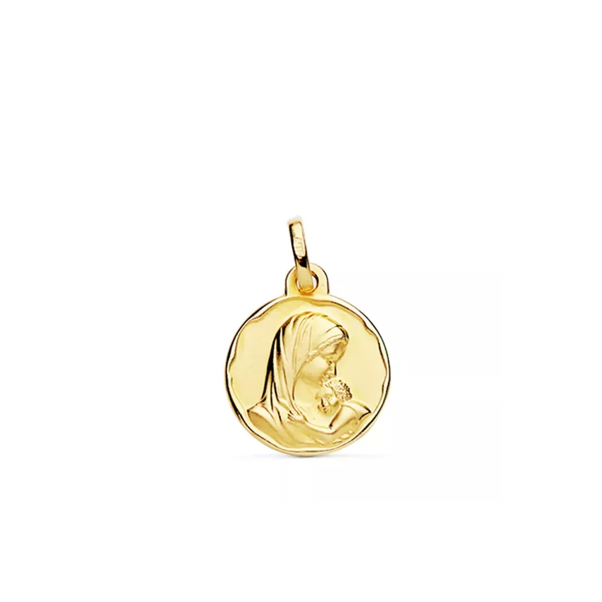 9K MEDALLA ORO AMARILLO VIRGEN MADRE CON NIÑO MATIZADA 15 MM 1
