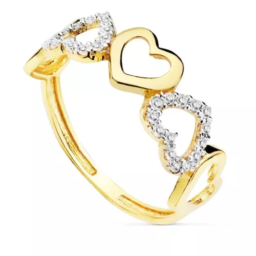 9K SORTIJA ORO BICOLOR CINCO CORAZONES LISOS Y CON CIRCONITAS. ANCHO: 7 MM 1