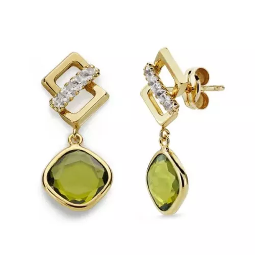 9K PENDIENTES ORO AMARILLO PIEDRA VERDE Y CIRCONITA 23X10 MM CIERRE PRESION 1