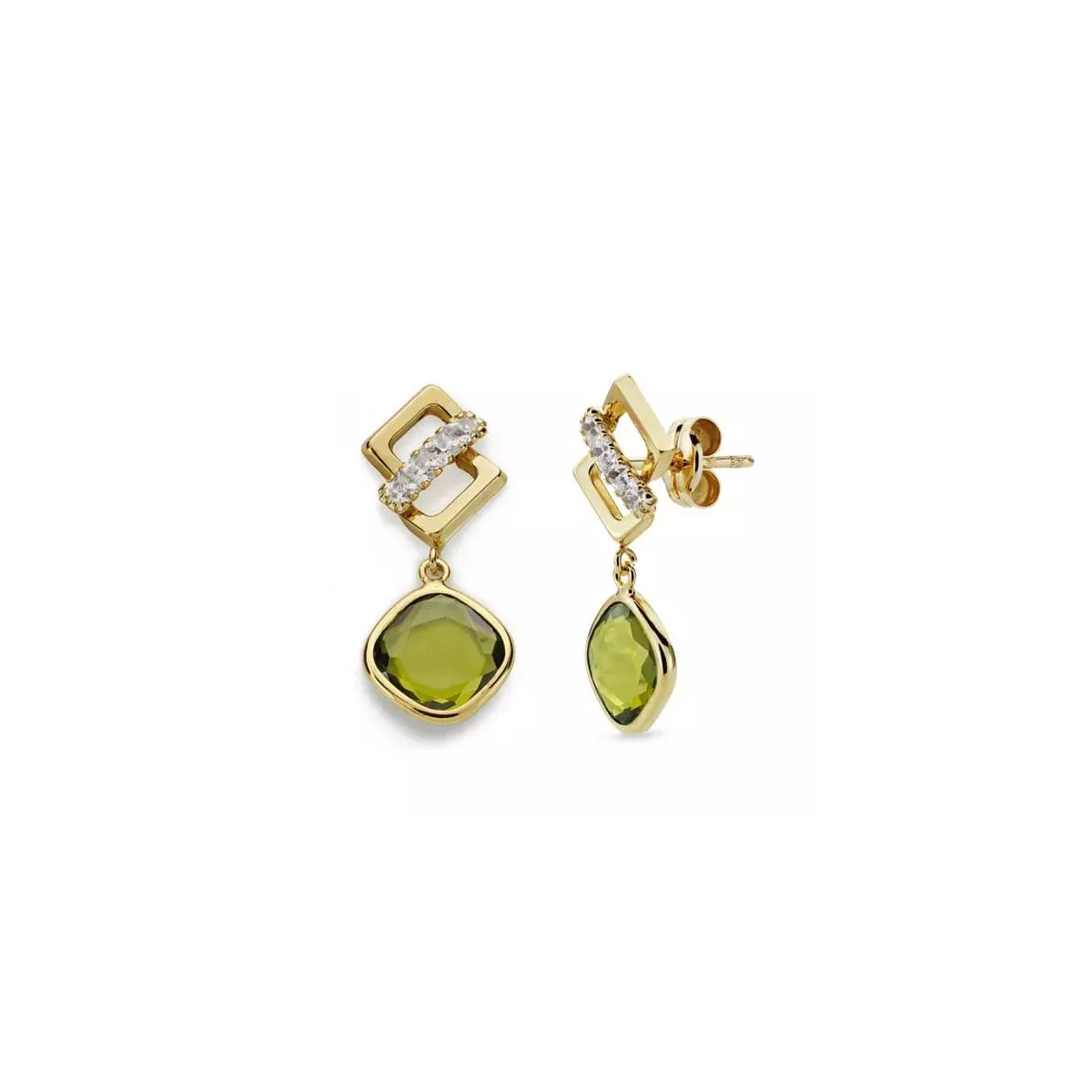 9K PENDIENTES ORO AMARILLO PIEDRA VERDE Y CIRCONITA 23X10 MM CIERRE PRESION 1