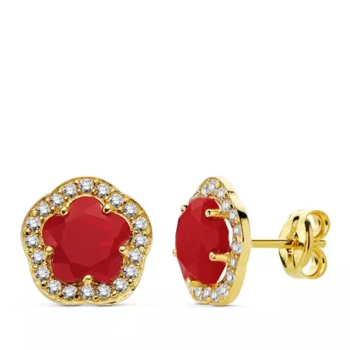 9K PENDIENTES ORO AMARILLO ESTRELLA 9 MM PIEDRA COLOR ROJO CIERRE PRESION 1