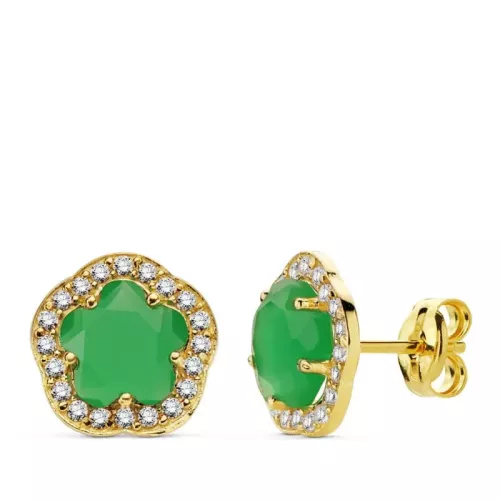 9K PENDIENTES ORO AMARILLO ESTRELLA 9 MM PIEDRA COLOR VERDE CIERRE PRESION 1