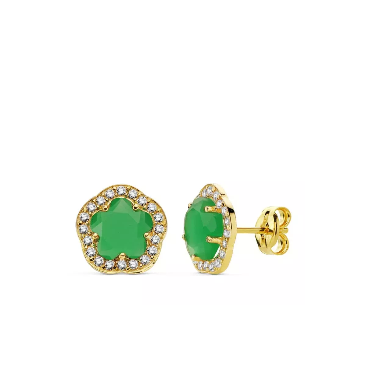 9K PENDIENTES ORO AMARILLO ESTRELLA 9 MM PIEDRA COLOR VERDE CIERRE PRESION 1