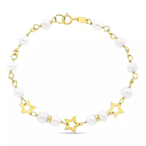 9K PULSERA ORO AMARILLO CON PERLA DE 5 MM Y ESTRELLAS CALADAS. 17CM 1