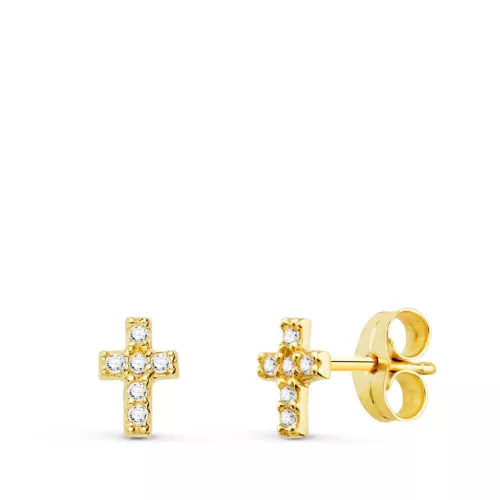 9K PENDIENTES ORO AMARILLO CRUZ DIAMANTES 0.06 CTS SI-H 6X4 MM PRESION 0