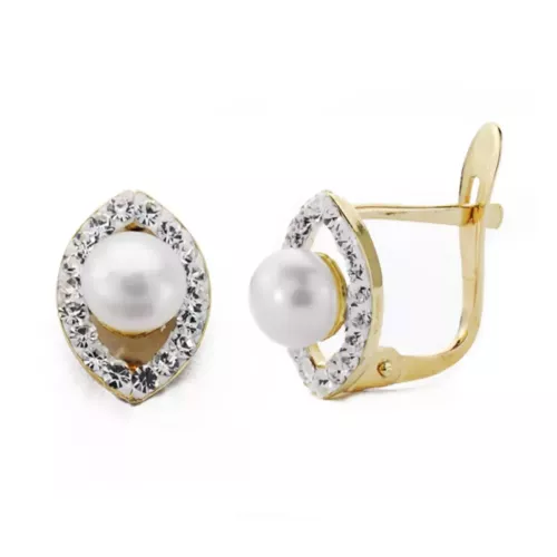 9K PENDIENTES ORO AMARILLO OVAL CON CIRCONITA 10X7 MM PERLAS 4 MM CIERRE CATALAN 1