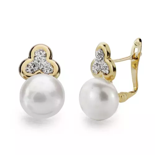 9K PENDIENTES ORO AMARILLO TREBOL Y PERLA 16X9 MM CIERRE CATALAN 0