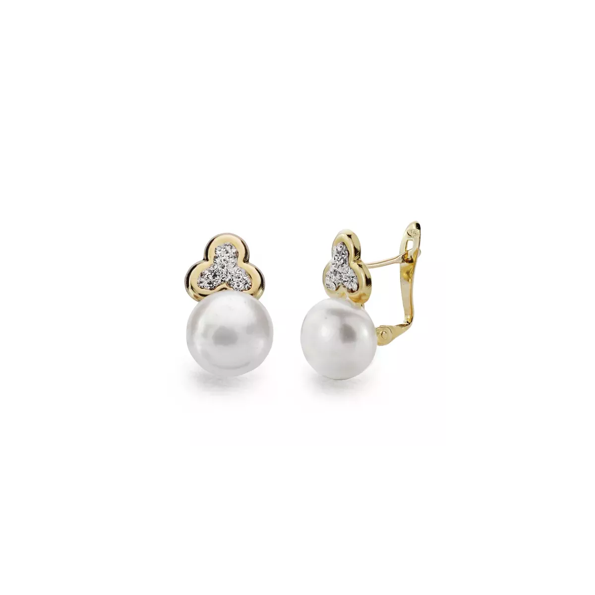 9K PENDIENTES ORO AMARILLO TREBOL Y PERLA 16X9 MM CIERRE CATALAN 0