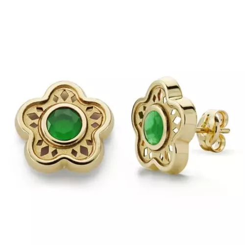 9K PENDIENTES ORO AMARILLO ESTRELLA CALADA PIEDRA COLOR VERDE CIERRE PRESION 0