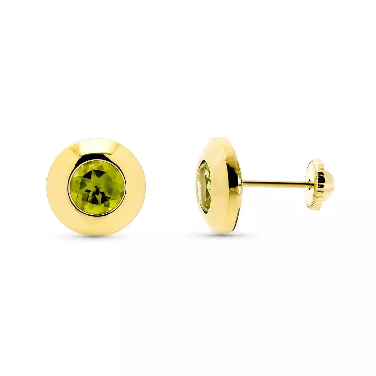 9K PENDIENTES ORO AMARILLO CHATON CON OLIVINA NATURAL 5 MM - 1