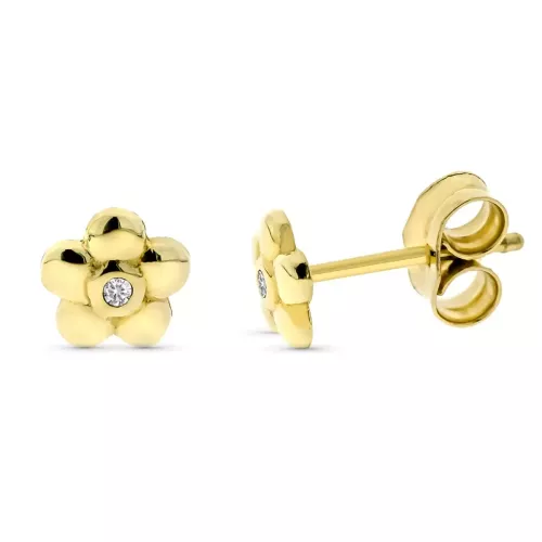 9K PENDIENTES ORO AMARILLO FLOR DIAMANTES 0.016 CTS SI-H 7 MM PRESION 0