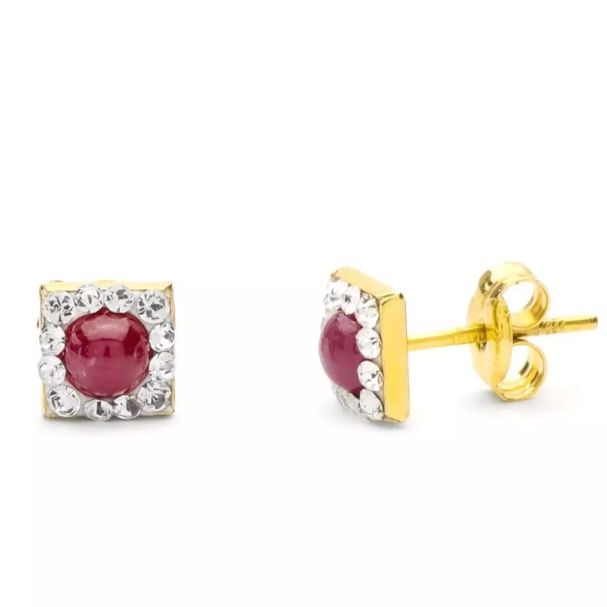 9K PENDIENTES ORO AMARILLO CUADRADO PIEDRA CABUJON REDONDO 4 MM Y CIRCONITAS 6X6 MM. CIERRE PRESION 0