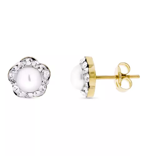 9K PENDIENTES ORO AMARILLO FLOR CON CIRCONITAS Y PERLA 5 MM. MEDIDA: 7X7 MM. CIERRE PRESION 0