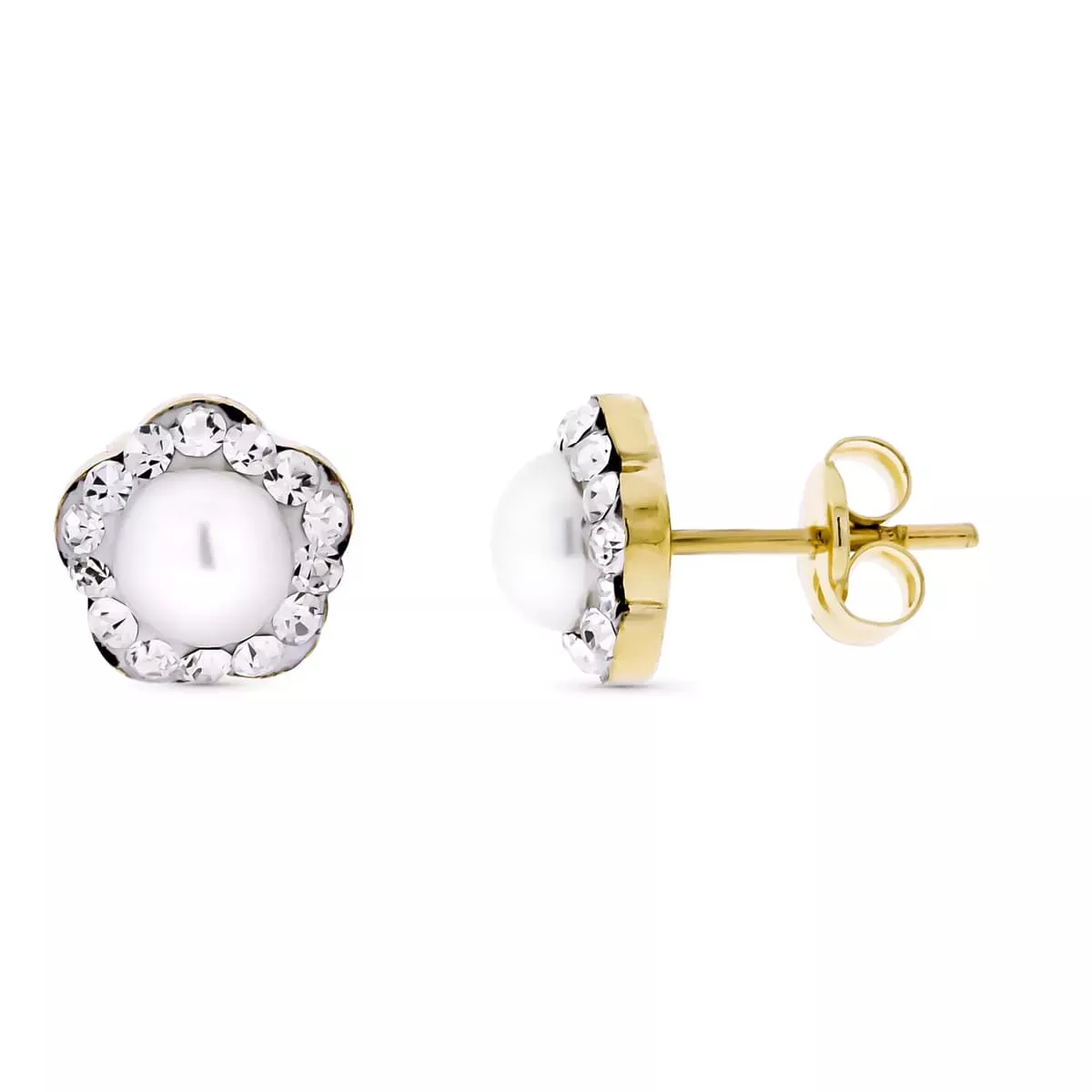 9K PENDIENTES ORO AMARILLO FLOR CON CIRCONITAS Y PERLA 5 MM. MEDIDA: 7X7 MM. CIERRE PRESION 0