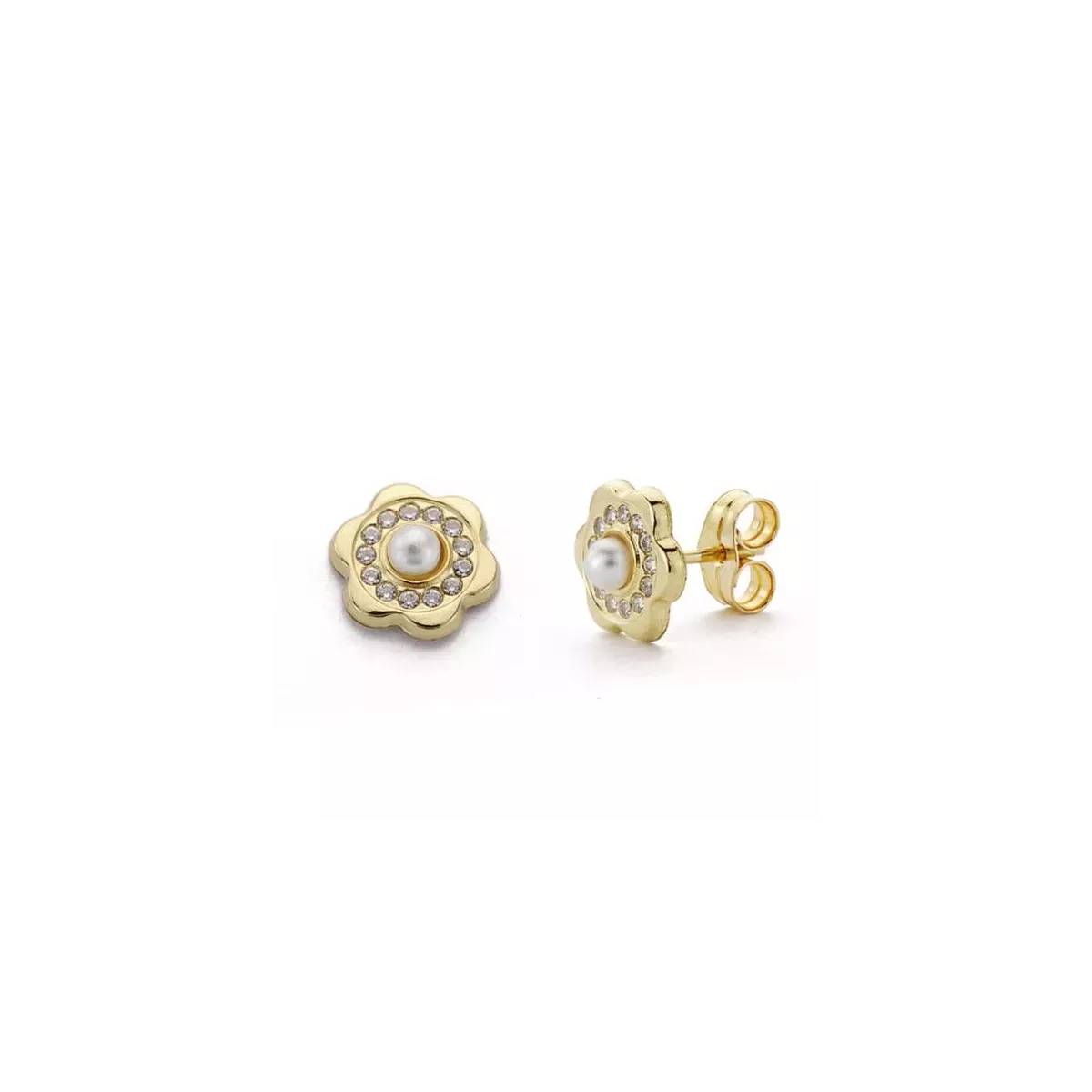 9K PENDIENTES ORO AMARILLO FLOR Y PERLA 8X8 MM CIERRE PRESION 0