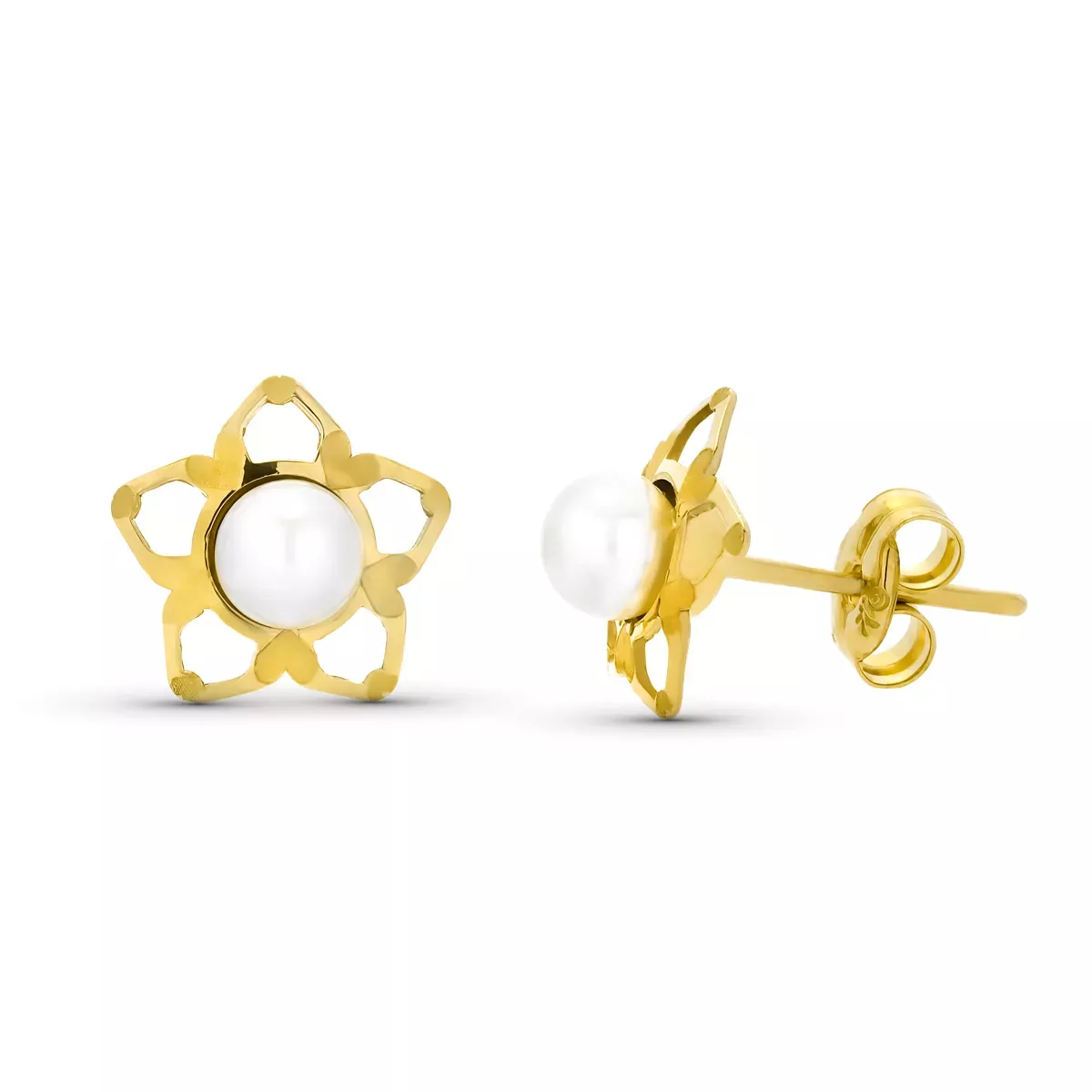 9K PENDIENTES ORO AMARILLO ESTRELLA PERLA 4MM TOTAL 9MM PRESION 0