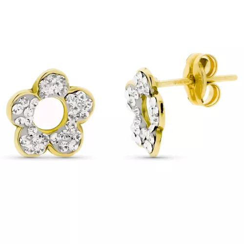 9K PENDIENTES ORO AMARILLO FLOR PIEDRAS 9X9MM CIERRE PRESION 0