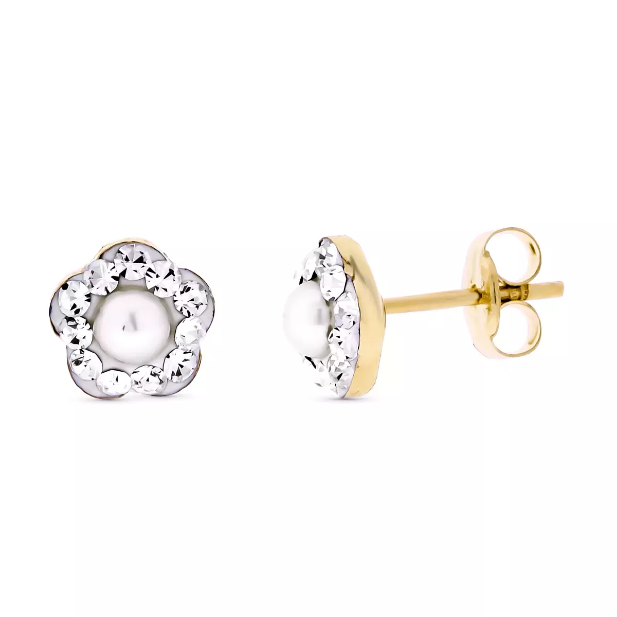 9K PENDIENTES ORO AMARILLO FLOR CIRCONITA PERLA 3 MM ANCHO TOTAL 6 MM PRESION 0