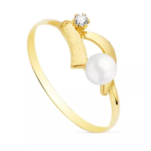 18K SORTIJA ORO AMARILLO HOJAS CON CIRCONITA Y PERLA DE 4 MM 0