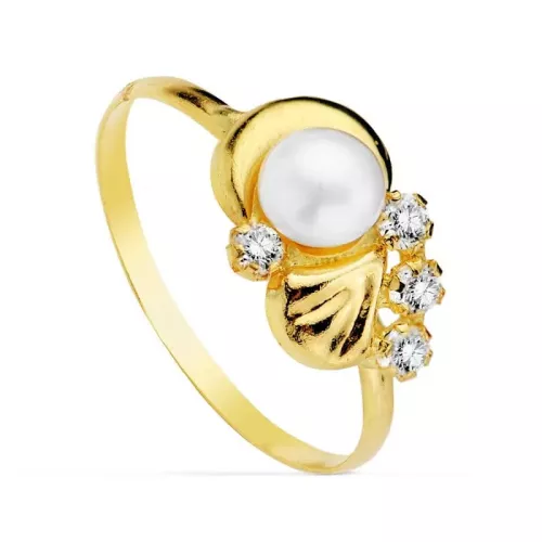 18K SORTIJA ORO AMARILLO MOTIVO CON PERLA 4MM Y CIRCONITAS. ANCHO: 7