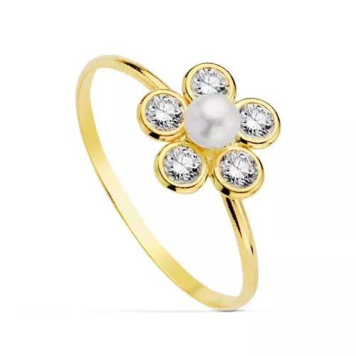 18K SORTIJA ORO AMARILLO FLOR CIRCONITAS CON PERLA DE 3MM. ANCHO: 9X9 MM 0
