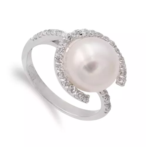 18K SORTIJA ORO BLANCO Y CIRCONITA CON PERLA 10 MM. ANCHO CUERPO: 3 MM 5