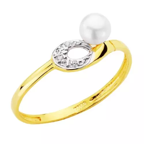 18K SORTIJA ORO BICOLOR MOTIVO CALADO CON PERLA DE 4 MM Y CIRCONITAS. ANCHO: 6