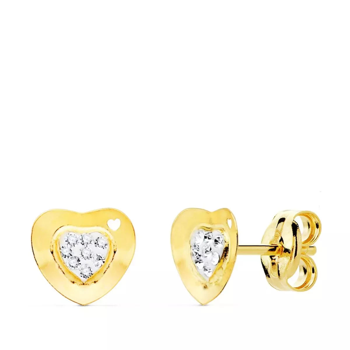 9K PENDIENTES ORO AMARILLO COMUNION CORAZON Y CIRCONITA 7X7 MM PRESION 0