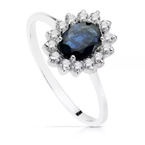 18K SORTIJA ORO BLANCO PIEDRA FINA ZAFIRO 7X5MM CON CIRCONITAS 2,31gr