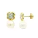 9K PENDIENTES ORO AMARILLO TU Y YO FLOR CON CIRCONITAS Y PERLA. 13X7 MM.CIERRE TUERCA 0