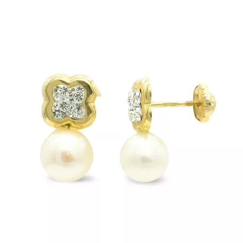 9K PENDIENTES ORO AMARILLO TU Y YO FLOR CON CIRCONITAS Y PERLA. 13X7 MM.CIERRE TUERCA 0