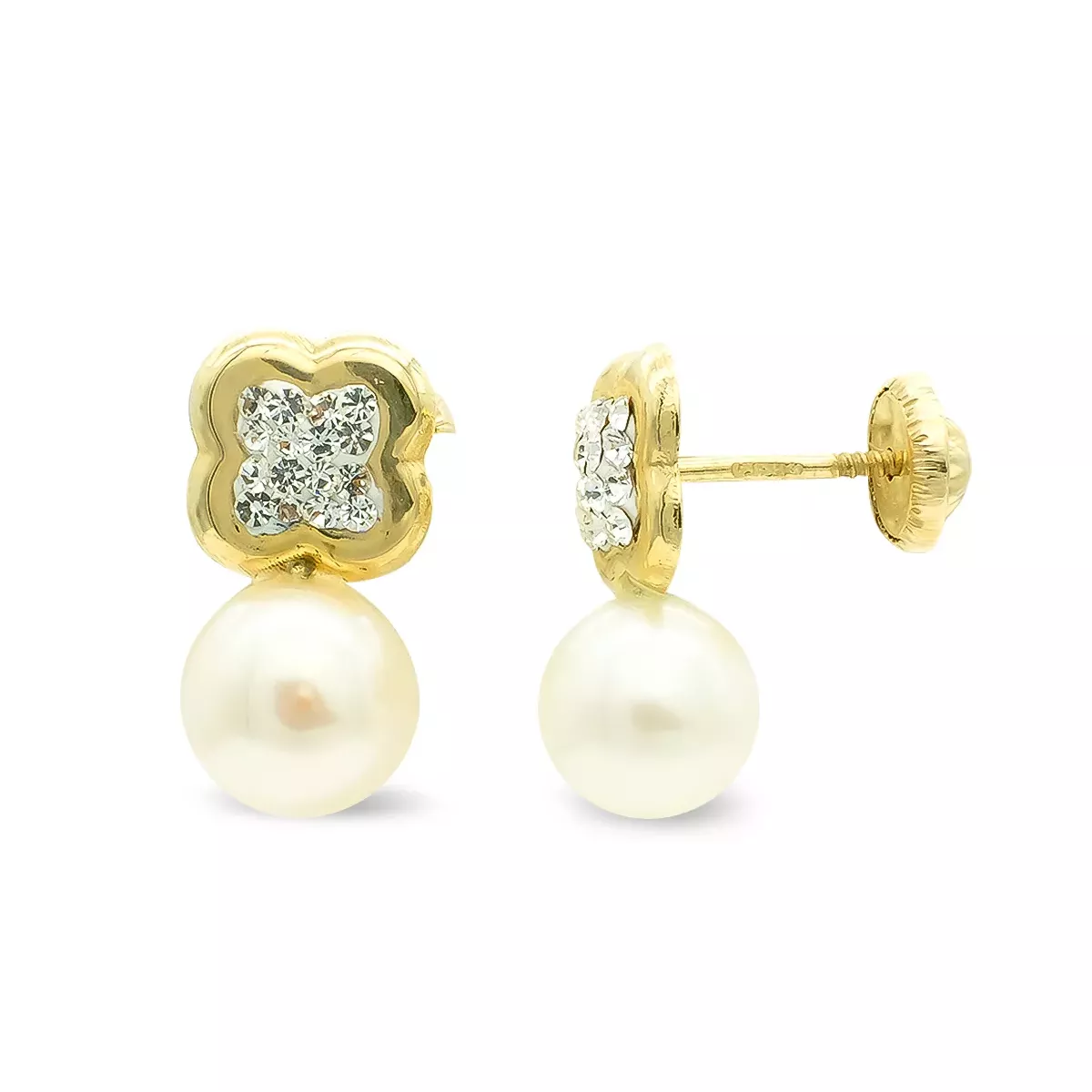 9K PENDIENTES ORO AMARILLO TU Y YO FLOR CON CIRCONITAS Y PERLA. 13X7 MM.CIERRE TUERCA 0