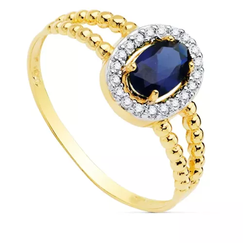 18K SORTIJA ORO BICOLOR ZAFIRO 6 X 4MM CON CIRCONITAS DOBLE CUERPO BOLITAS. ANCHO: 9