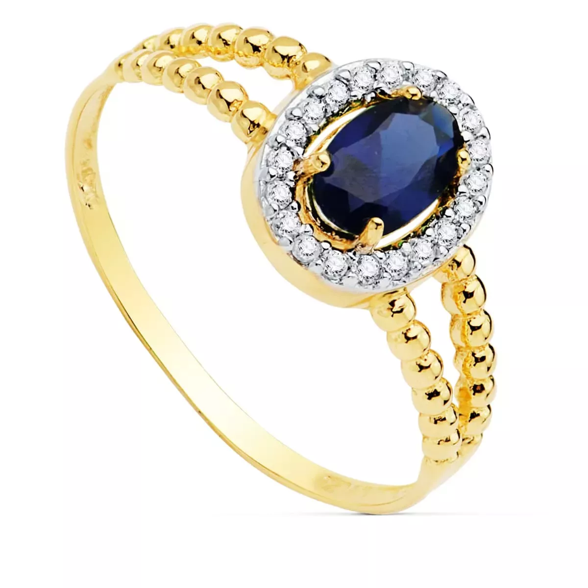 18K SORTIJA ORO BICOLOR ZAFIRO 6 X 4MM CON CIRCONITAS DOBLE CUERPO BOLITAS. ANCHO: 9