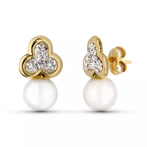 9K PENDIENTES COMUNION ORO AMARILLO TREBOL Y PERLA CULTIVADA 14X8 MM PRESION 0
