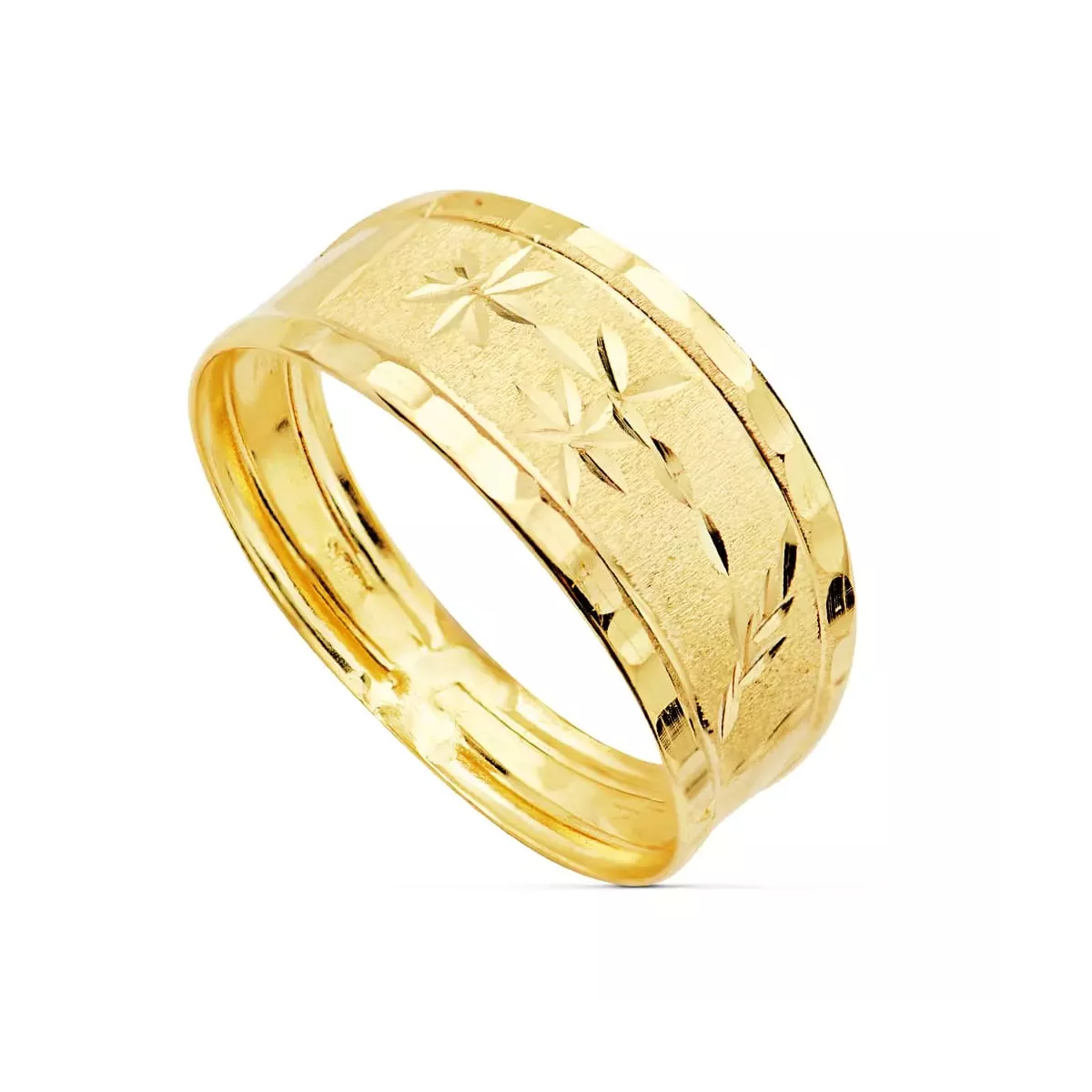 18K SORTIJA ORO AMARILLO MATIZADA CON FLORES TALLADAS Y BORDES TALLADOS. ANCHO 9 MM 1