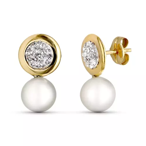 9K PENDIENTES ORO AMARILLO REDONDO Y PERLA 15X8 MM PRESION 0