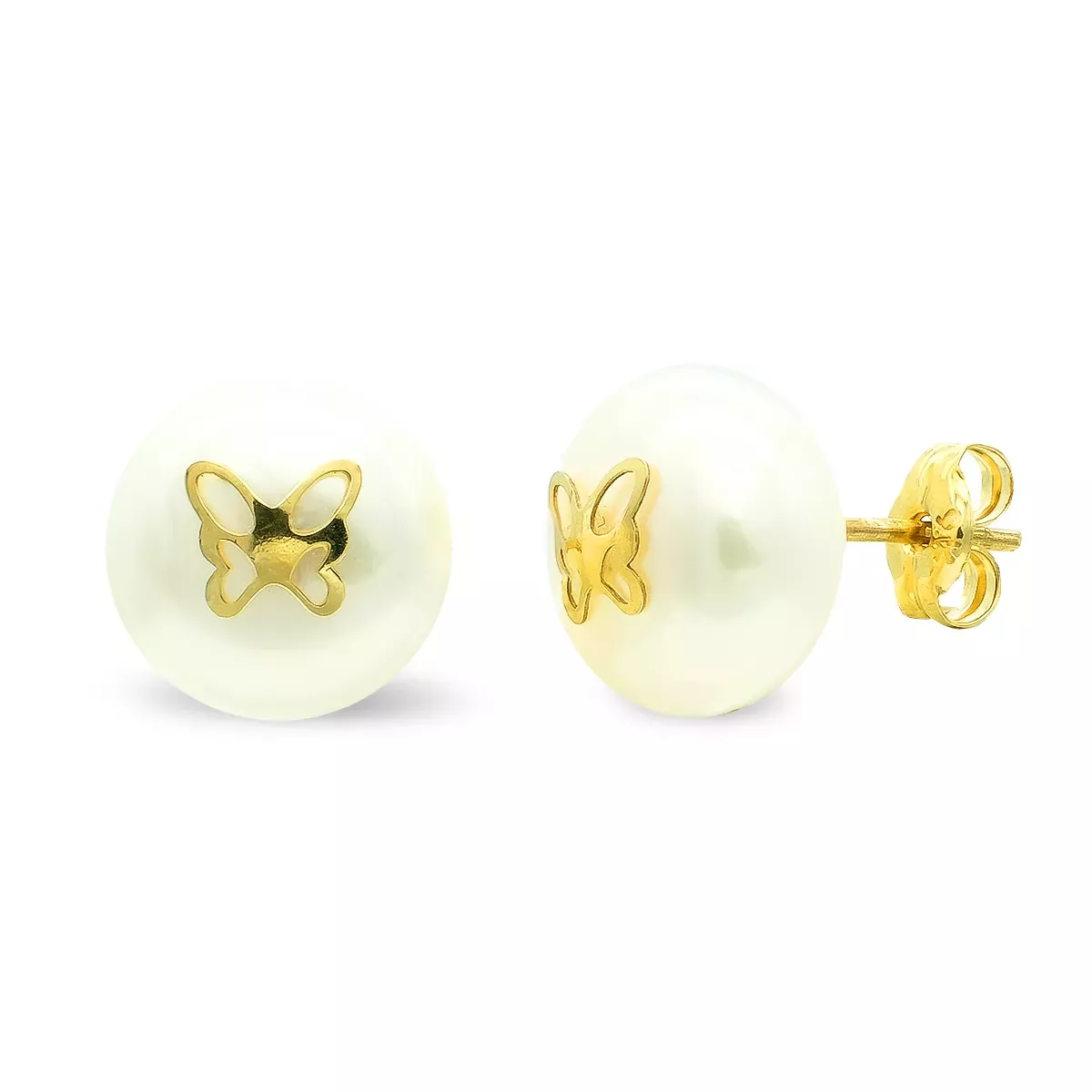 9K PENDIENTES ORO AMARILLO PERLA 9 MM MARIPOSA CIERRE PRESION 0