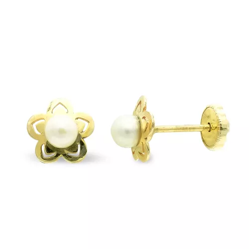 9K PENDIENTES ORO AMARILLO FLOR 7 MM Y PERLA 3.5MM CIERRE TUERCA 0