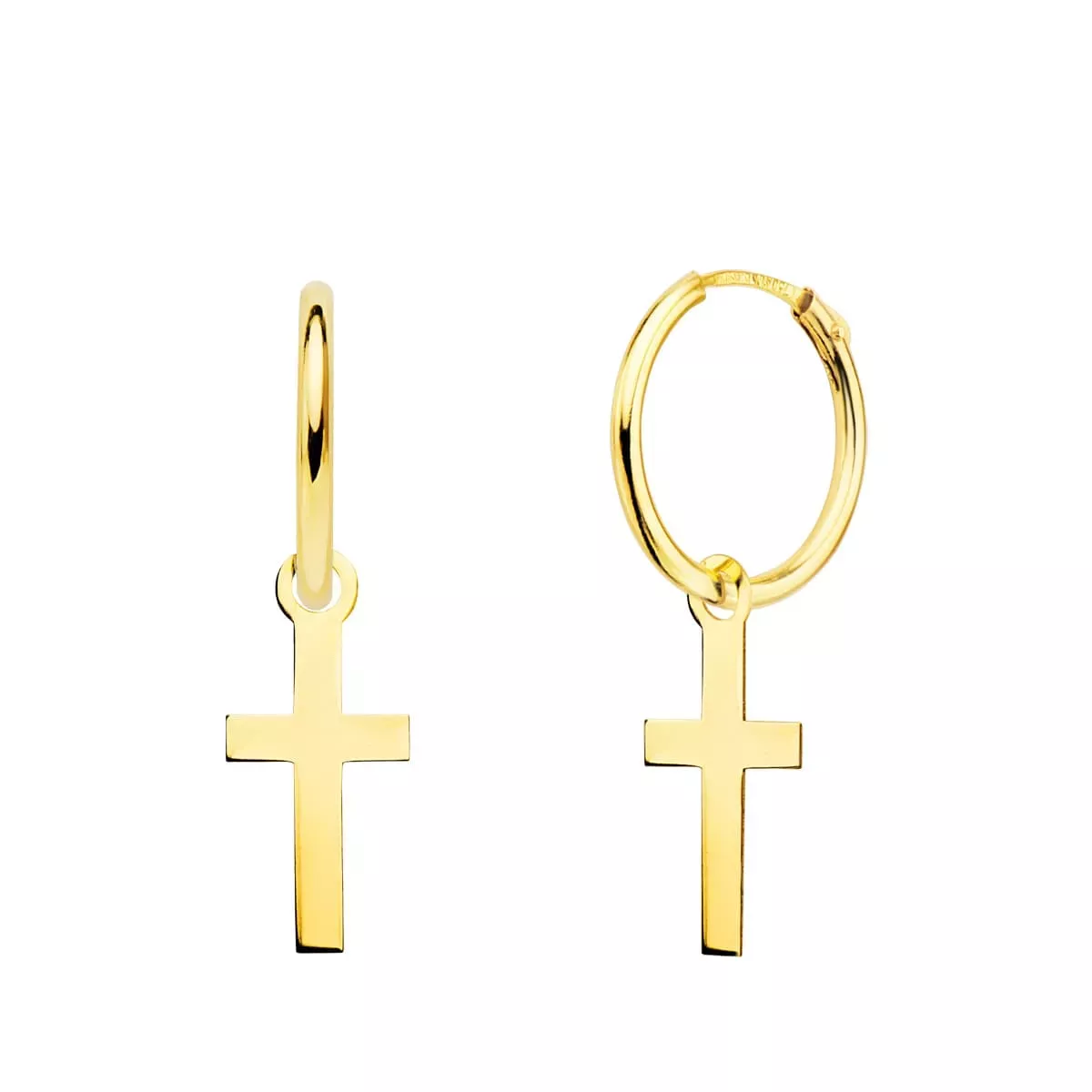 18K AROS ORO AMARILLO TUBO CON CRUZ LISA 12X6 MM ARO 12X1.5 MM 0