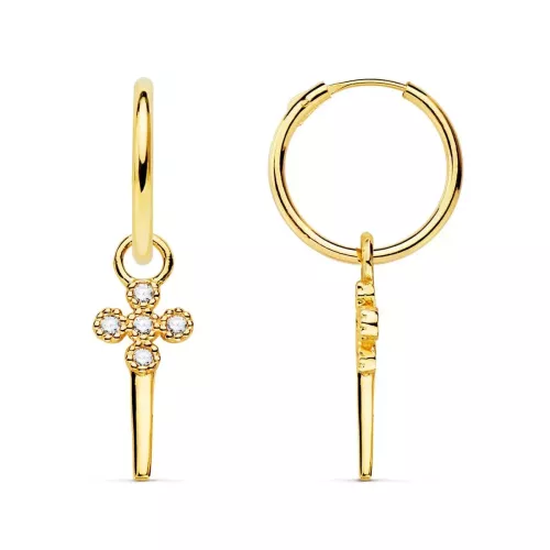 18K AROS TUBO REDONDO ORO AMARILLO 11X1.20 MM Y COLGANTE CRUZ CON PUÃÂAL 1