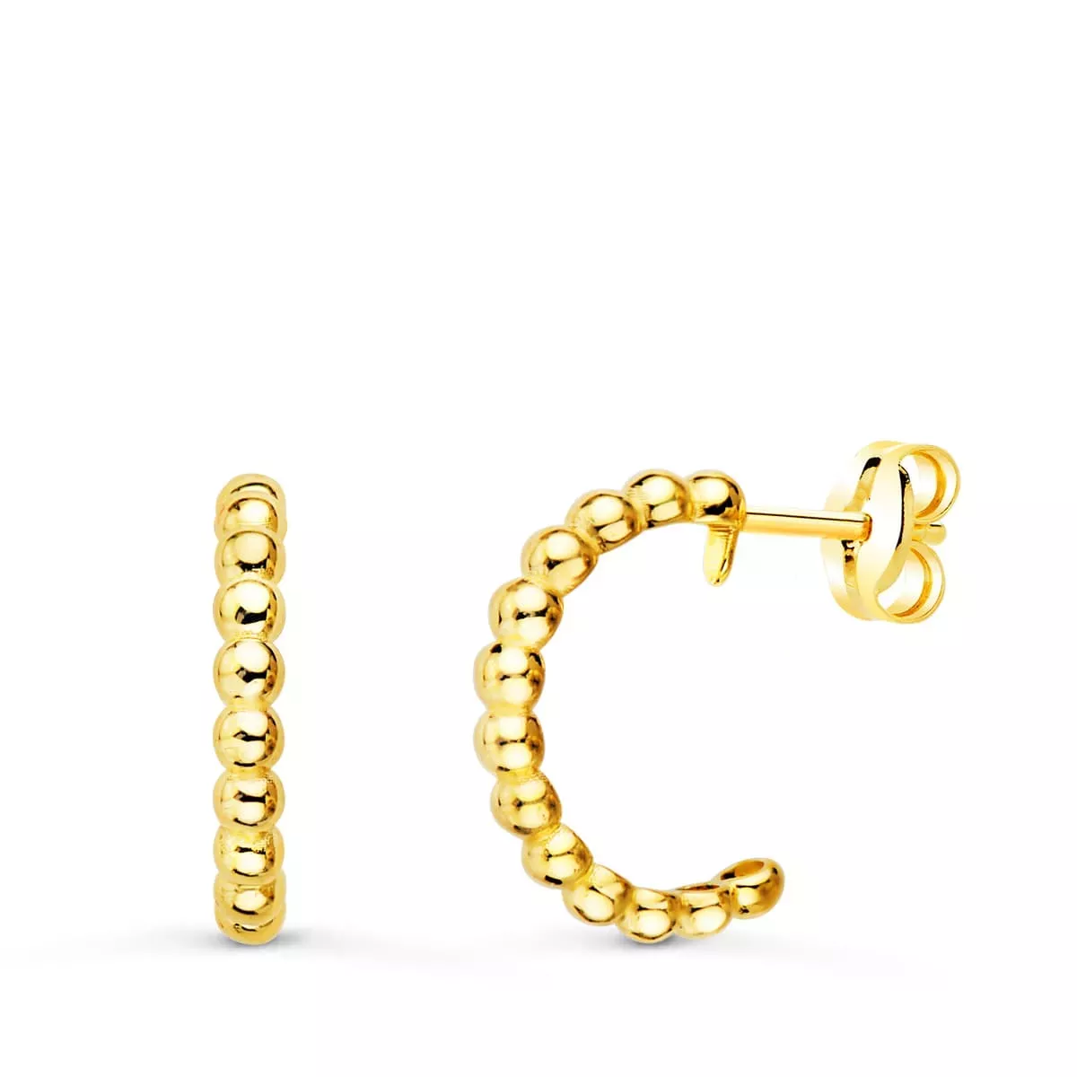 18K AROS ORO AMARILLO ABIERTOS BOLAS LISAS 14 MM ANCHO 2 MM CIERRE PRESION 1