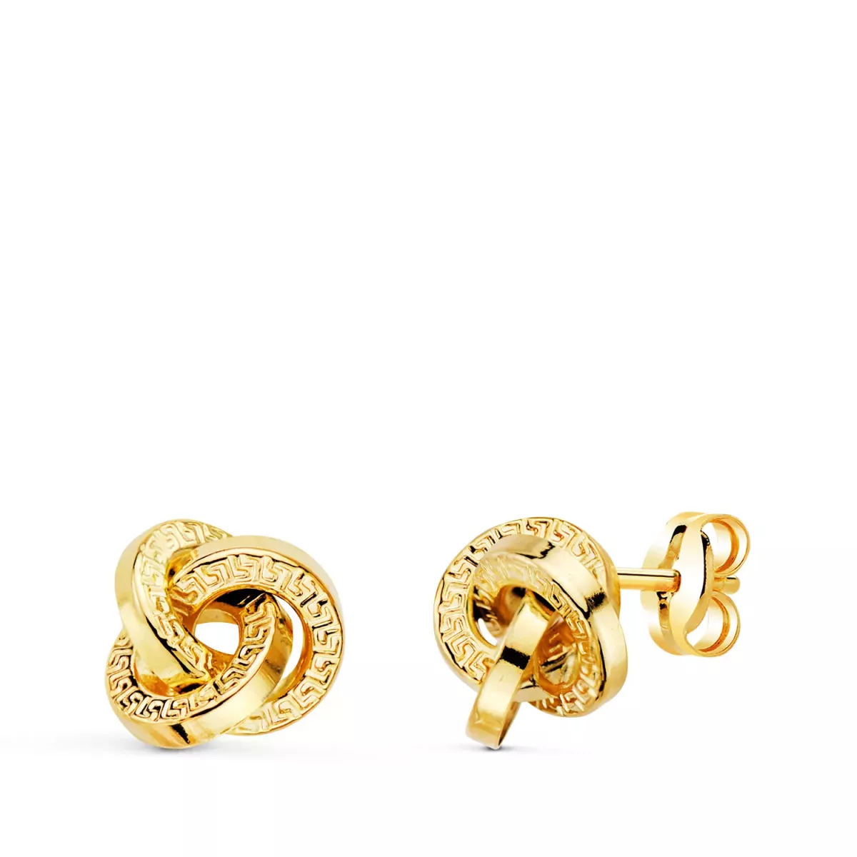 18K PENDIENTES ORO AMARILLO TRES AROS CON GRECA 8 X 8 MM. CIERRE PRESION 1