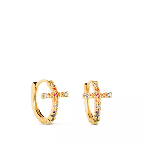 18K AROS ORO AMARILLO CRUZ CON CIRCONITAS COLORES. MEDIDA: 11 X 7 MM. CIERRE DE CLIP 1