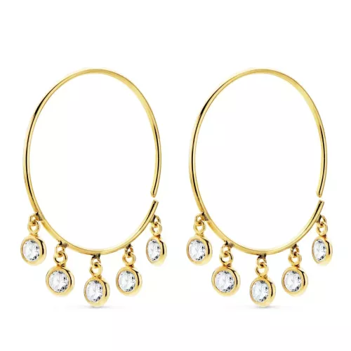 18K AROS ORO AMARILLO HILO DE 20 MM CON 5 COLGANTES CIRCONITA BLANCAS 1