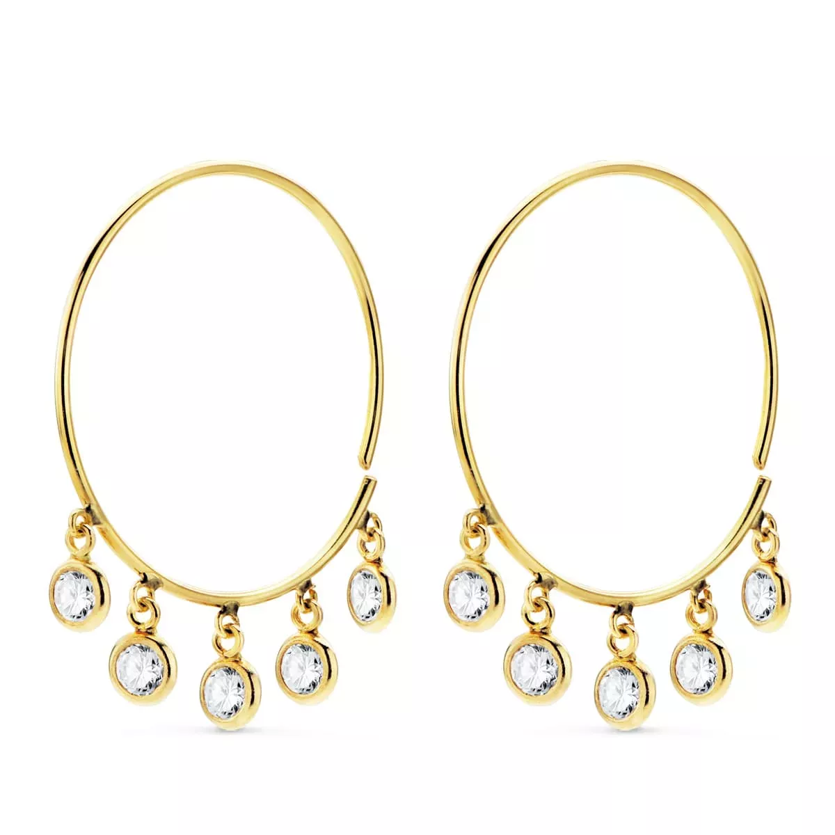 18K AROS ORO AMARILLO HILO DE 20 MM CON 5 COLGANTES CIRCONITA BLANCAS 1