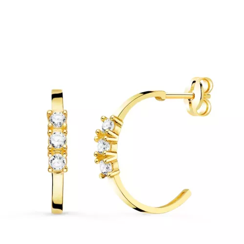 18K PENDIENTES AROS ABIERTOS ORO AMARILLO CON CIRCONITA 15 MM CIERRE PRESION 1