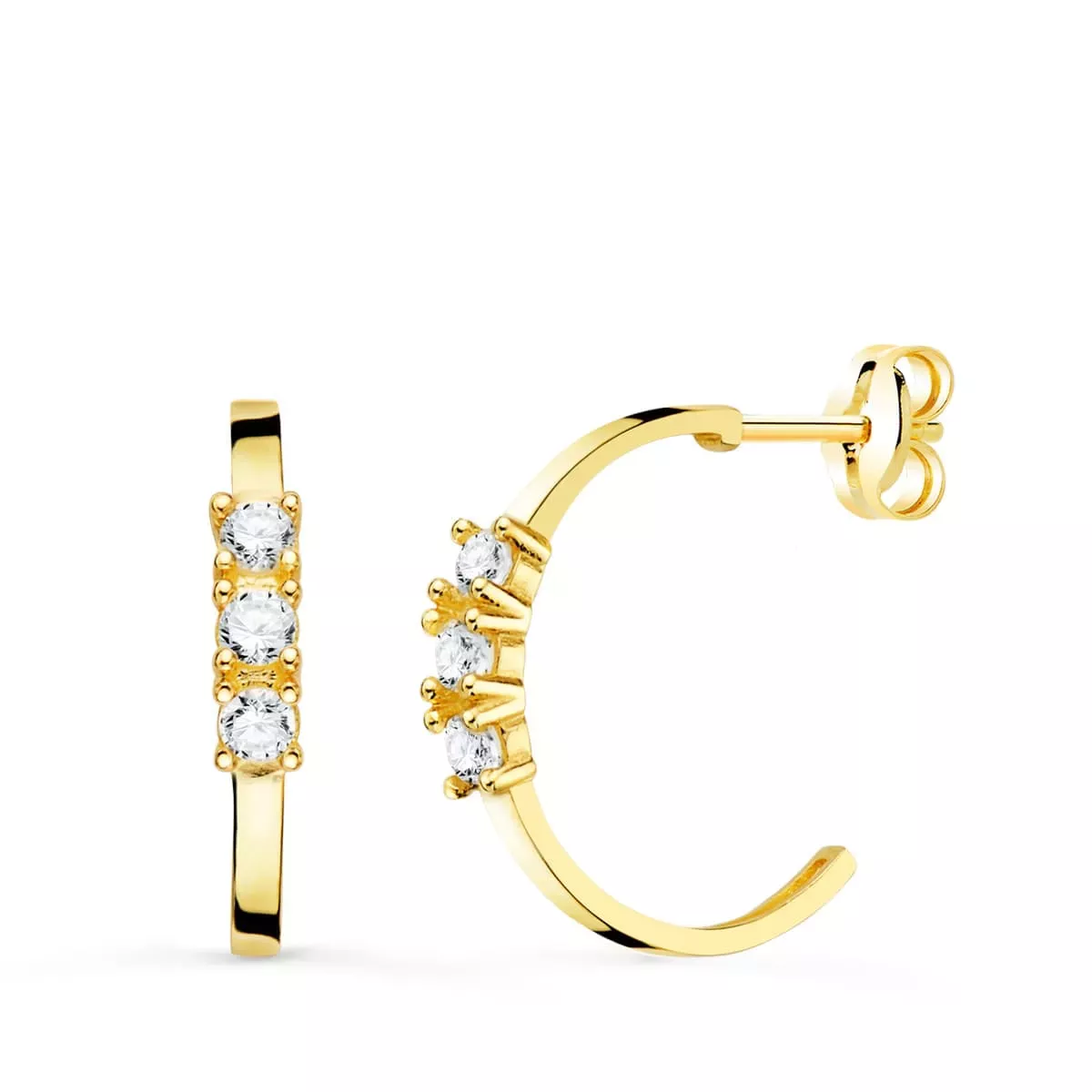 18K PENDIENTES AROS ABIERTOS ORO AMARILLO CON CIRCONITA 15 MM CIERRE PRESION 1
